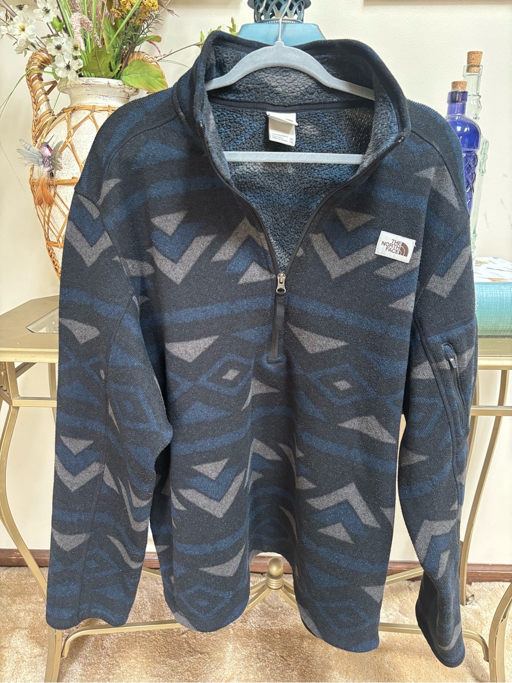 The North Face Men's Navy & Gray Patterned Zip-Up Sweater Fleece Pullover Sz XXL